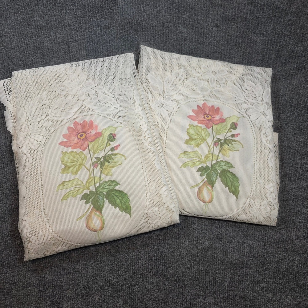 Vintage White Floral Lace Curtains Scalloped Edge Pink Flower Made in USA 29x36